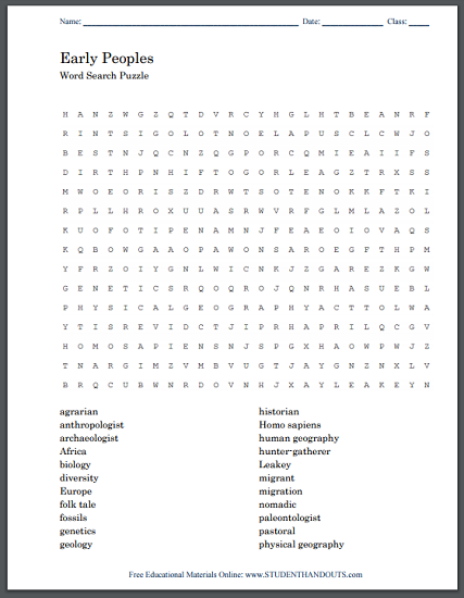 Early Humans Word Search Puzzle Worksheet Student Handouts