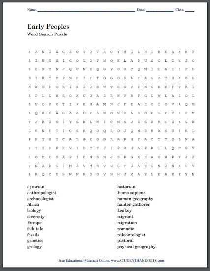 Early Humans Word Search Puzzle Worksheet | Student Handouts