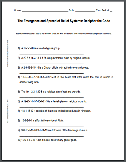 The Emergence and Spread of Belief Systems - Free Printable Decipher the Code Puzzle for High School World History