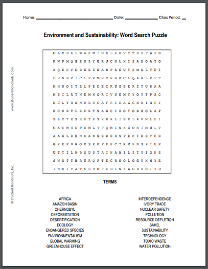 Environment and Sustainability Word Search Puzzle - Free to print (PDF file).