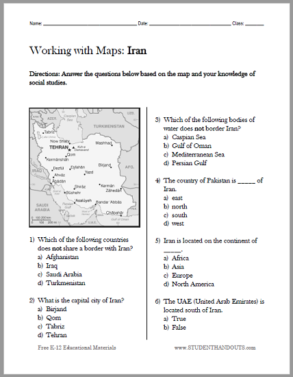 Iran Map Worksheet - Free to print (PDF file). Designed for students in grades four and up studying World Geography.