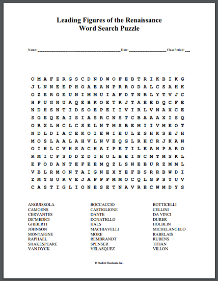 Leading Figures of the Renaissance Word Search Puzzle - Free to print (PDF file).