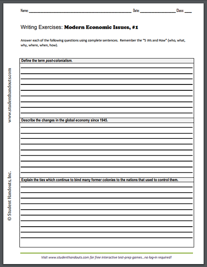 Writing Exercises Worksheets on Modern Economic Issues - Free to print (PDF files).