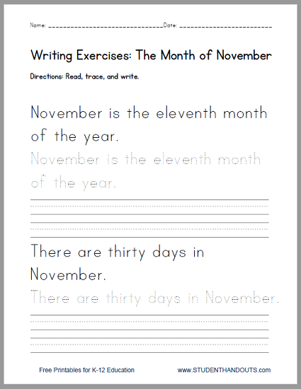 November Handwriting Practice Worksheet - Free to print (PDF file).