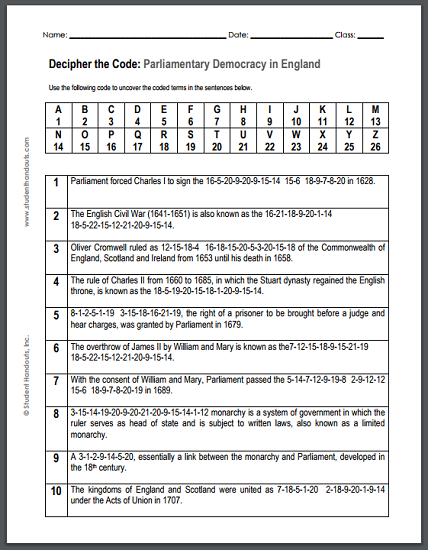 Parliamentary Democracy in England - Free Printable Decipher the Code Puzzle for World History