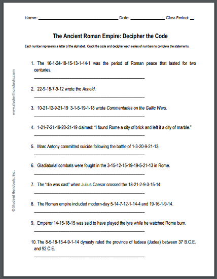 Ancient Roman Empire Decipher The Code Puzzle Student Handouts