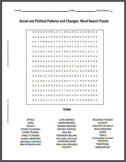 Social and Political Patterns and Changes Word Search Puzzle - Worksheet is free to print (PDF file).