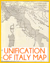 Map of the unification of Italy in the 19th century.  Includes the regions: Venice, Lombardy, Piedmont, Savoy, Parma, Modena, Tuscany, Papal States, Patrimony of St. Peter (surrounding Rome and the Vatican), Naples, Sicily, and Sardinia.