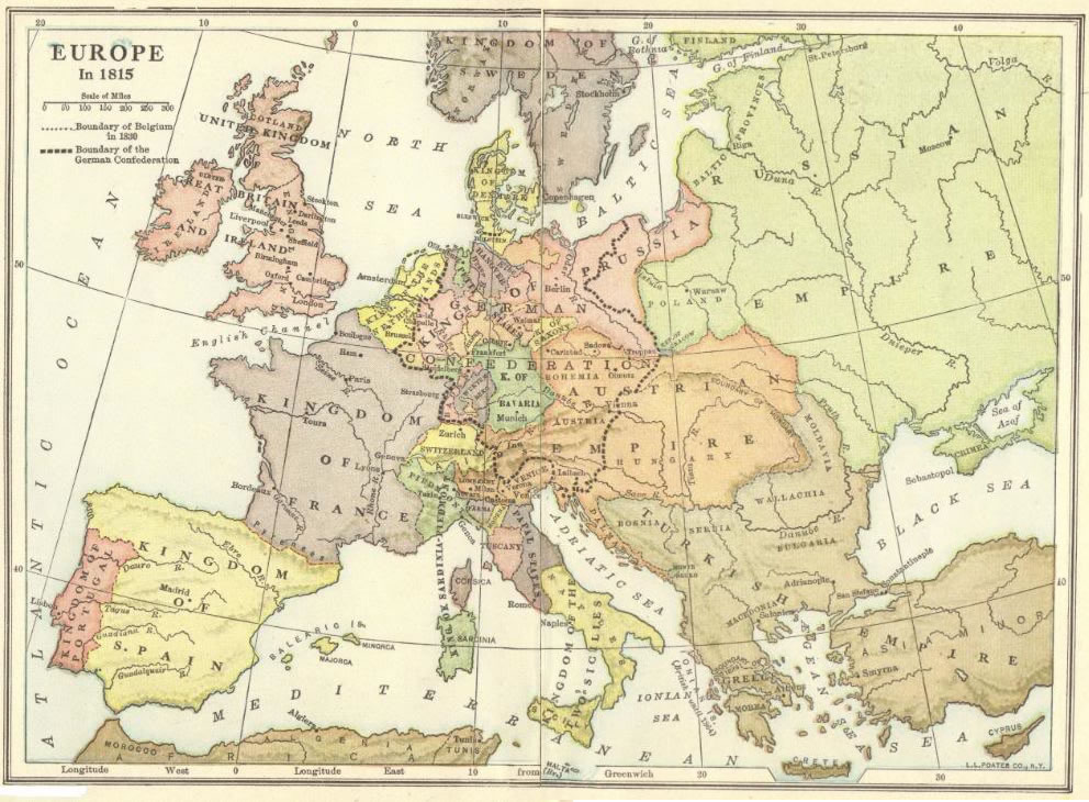 Map of Europe in 1815 - Following the defeat of France's Napoleon Bonaparte.