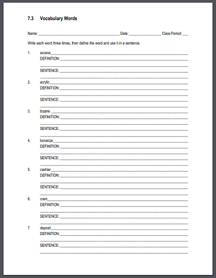 Vocabulary Terms 7.3 Definitions and Sentences Worksheet - Free to print (PDF file).