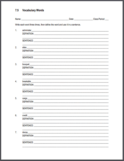 Vocabulary Terms 7.5 Sentences and Definitions Worksheet - Free to print (PDF file).