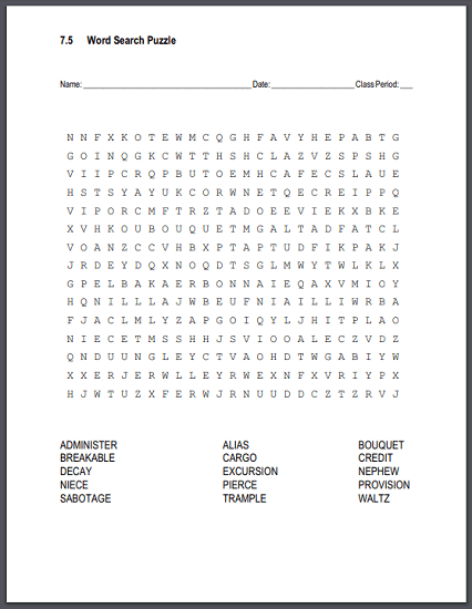 Vocabulary List 7.5 Word Search Puzzle - Free to print (PDF file).