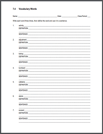 List 7.4 Definitions and Sentences Worksheet - Students must define each vocabulary term and use it in a sentence.