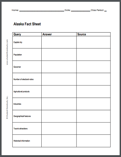 Alaska Research Worksheet - Free to print (PDF file).