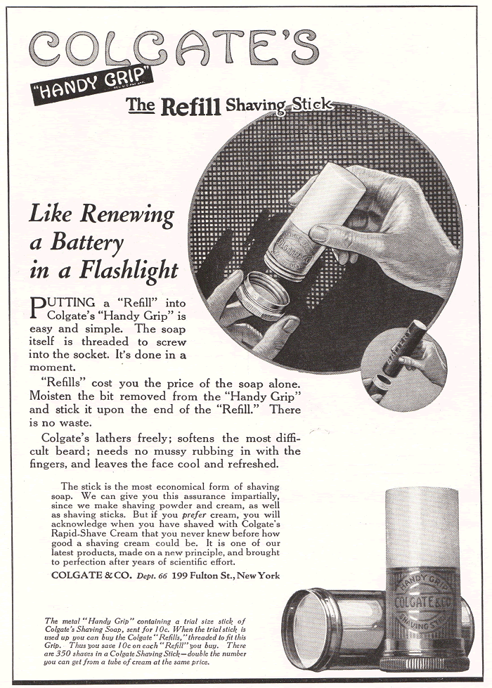 Colgate's "Handy Grip" the refill shaving stick. Advertisement from 1922.