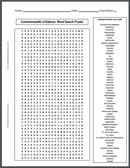 Commonwealth of Nations Word Search Puzzle - Free to print (PDF file) for grades 7-12.