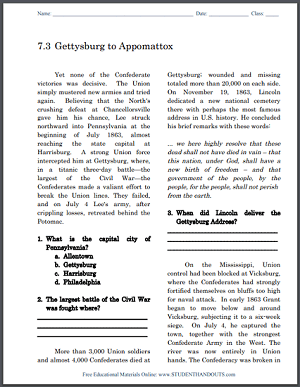 Gettysburg to Appomattox - Free printable reading with questions (PDF file) for high school United States History students.