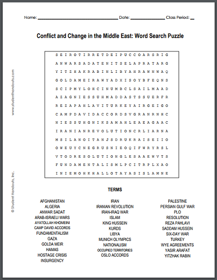 Conflict and Change in the Middle East Word Search Puzzle - Free to print (PDF file) for high school World History students.