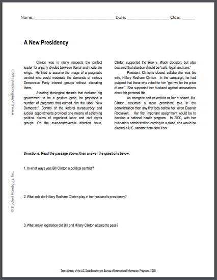 A New Presidency - Free printable reading on Bill Clinton with questions (PDF file) for high school United States History students.