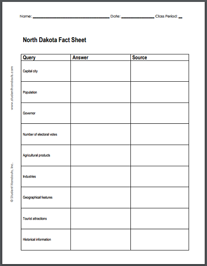 North Dakota Research Worksheet - Free to print (PDF file).