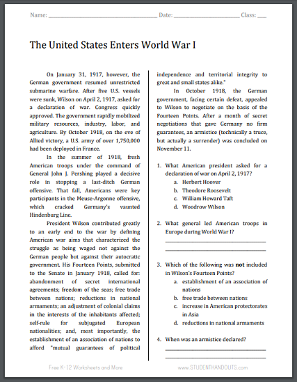 united states enters world war i reading with questions student handouts