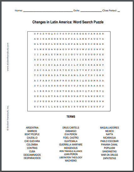 Changes in Latin America Word Search Puzzle - Free to print (PDF file) for high school World History students.