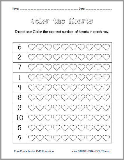 Color the Hearts Worksheet - Free to print (PDF file) for kindergarten kids on Valentine's Day.