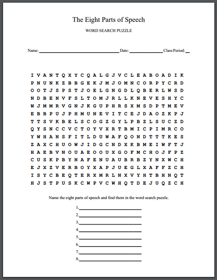 Eight Parts of Speech Word Search Puzzle - Free to print (PDF file) for grade school ELA: English Language Arts.