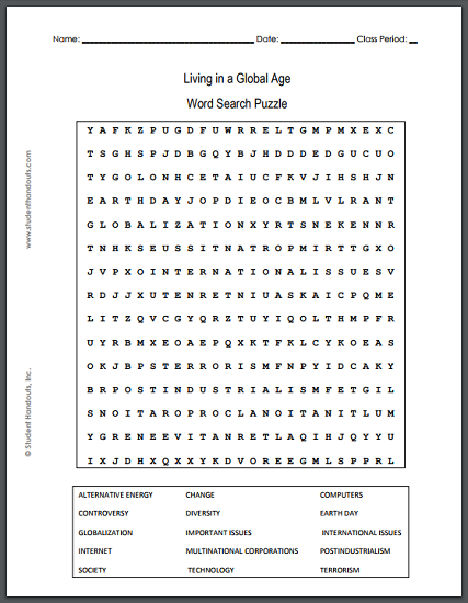Living in a Global Age: Globalization Word Search Puzzle - Free to print (PDF file). For high school United States History students.