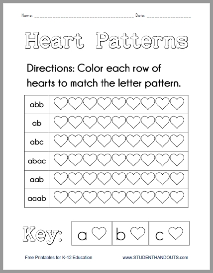 Heart Patterns Worksheet - Free to print (PDF file).