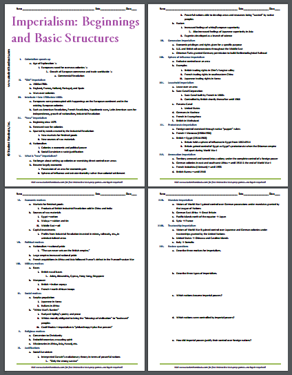 Imperialism: Historical Beginnings and Basic Structures Outline - Free to print (PDF file) for high school World History students.