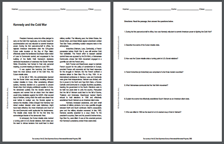 Kennedy and the Cold War Reading with Questions | Student Handouts