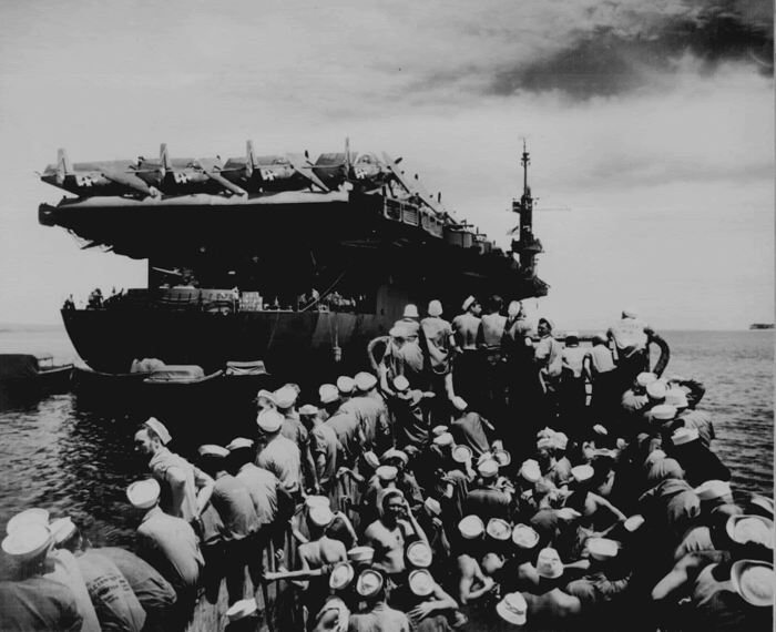 Liberty party. Liberty section personnel aboard LCM returning to USS CASABLANCA from Rara Island, off Pitylieu Island, Manus.