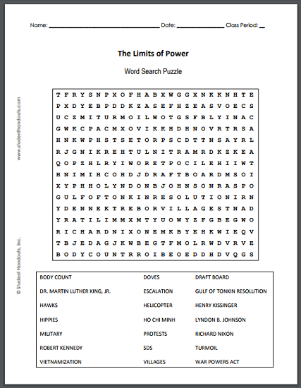 The Limits of Power - Vietnam War and Protests in the United States - Free printable word search puzzle for high school United States History students.