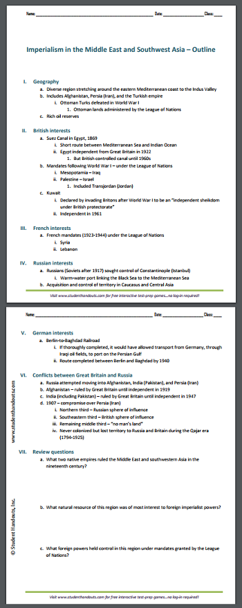 Imperialism in the Middle East and Southwest Asia Printable Outline - Free to print (PDF file) for high school World History students.