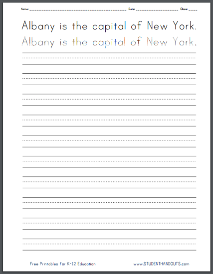 New York State Handwriting Practice Worksheets - Cursive script and print manuscript. Free to print (PDF files).