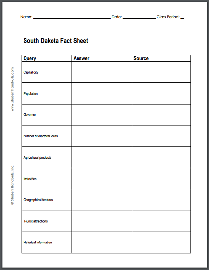 South Dakota Research Worksheet - Free to print (PDF file).