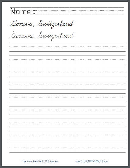 Switzerland Handwriting Practice Worksheets - Print or cursive. Free printables (PDF files).