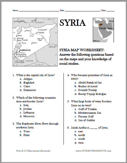 Syria Map Worksheet - Free to print (PDF file).