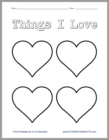 Things I Love Worksheet - Free to print (PDF file). Perfect for kindergarten through second grade on Valentine's Day.