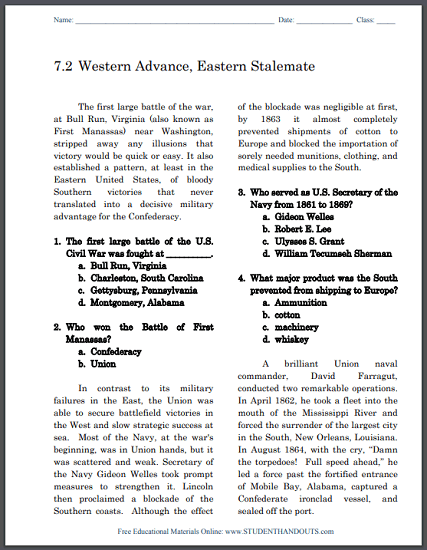 Western Advance, Eastern Stalemate - Free printable reading with questions (PDF file) for high school American History students and teachers.