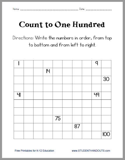 Count and Write Numerals to 100 - Worksheet is free to print (PDF file).