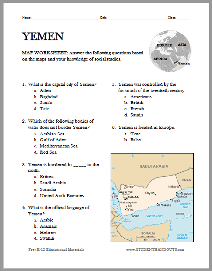 Yemen Map Worksheet - Free to print (PDF file) for students of World Geography.