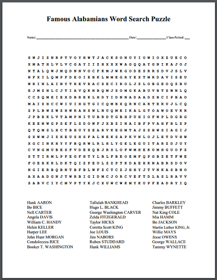 Famous Alabamians Word Search Puzzle - Free to print (PDF file).
