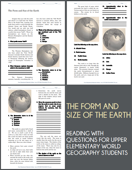 The Form and Size of Earth - Free printable reading with questions for upper elementary World Geography students.