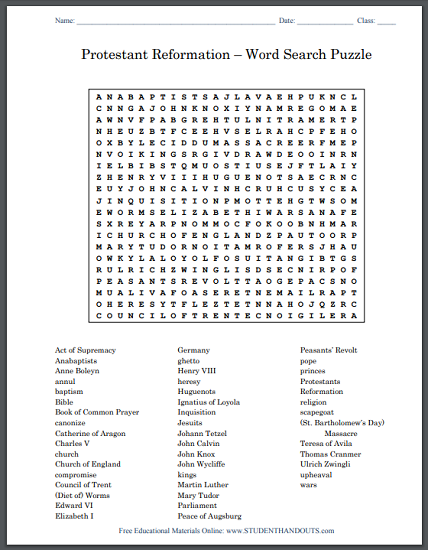 Protestant Reformation Word Search Puzzle - Free to print (PDF file) for high school World History and European History students.