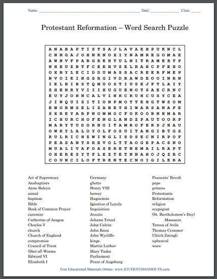 Protestant Reformation Chart Answers