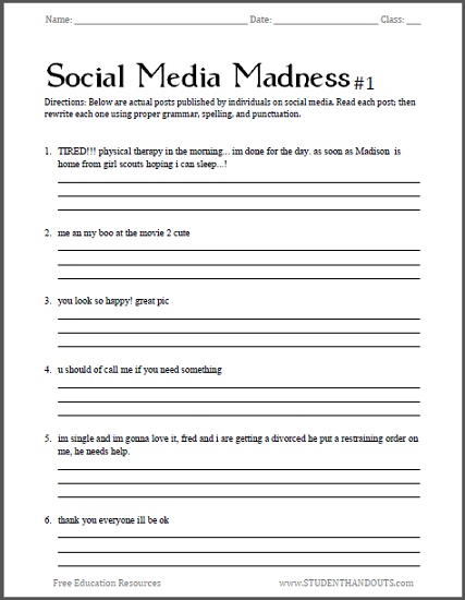 Social Media Madness Worksheets - Free to print (PDF files). Fun with grammar and punctuation for high school English students.