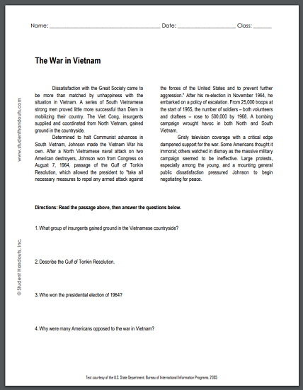 The War in Vietnam - Reading with questions for high school United States History students. Free to print (PDF file).