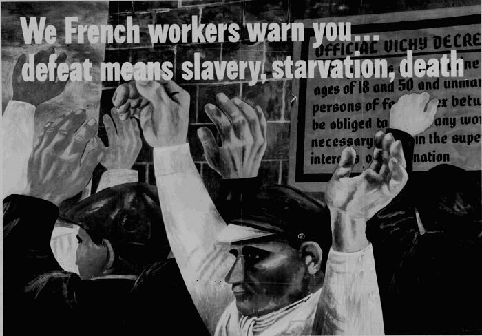 World War II Propaganda Poster: We French workers warn you...defeat means slavery, starvation, death.